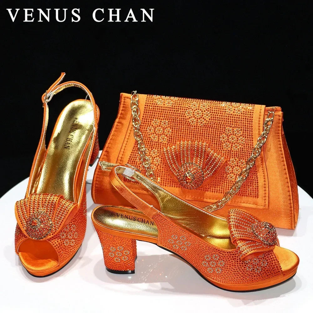 Italian Shoes And Bag Sets For Evening Party With Stones Italian Satin cloth  Rhinestone bow Handbags Match Bags