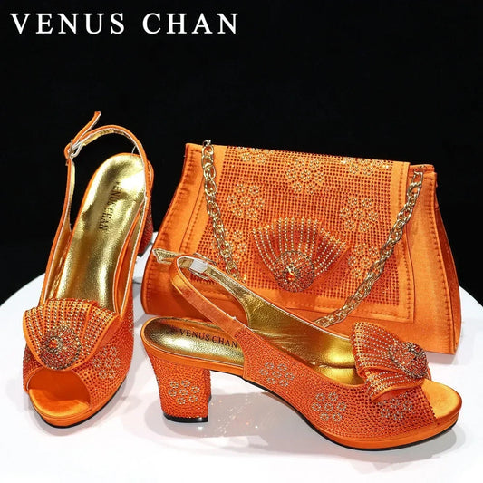 Italian Shoes And Bag Sets For Evening Party With Stones Italian Satin cloth  Rhinestone bow Handbags Match Bags