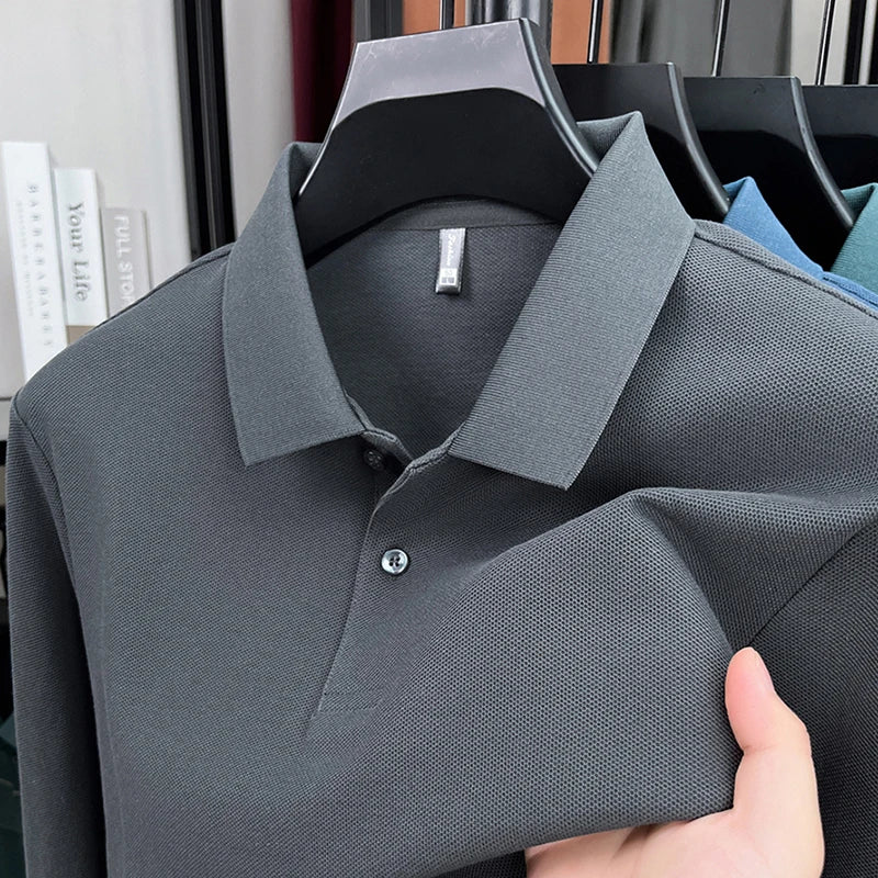 100%pure cotton autumn winter men's high-end designer fashionable long sleeved boutique button casual comfortable polo shirt top