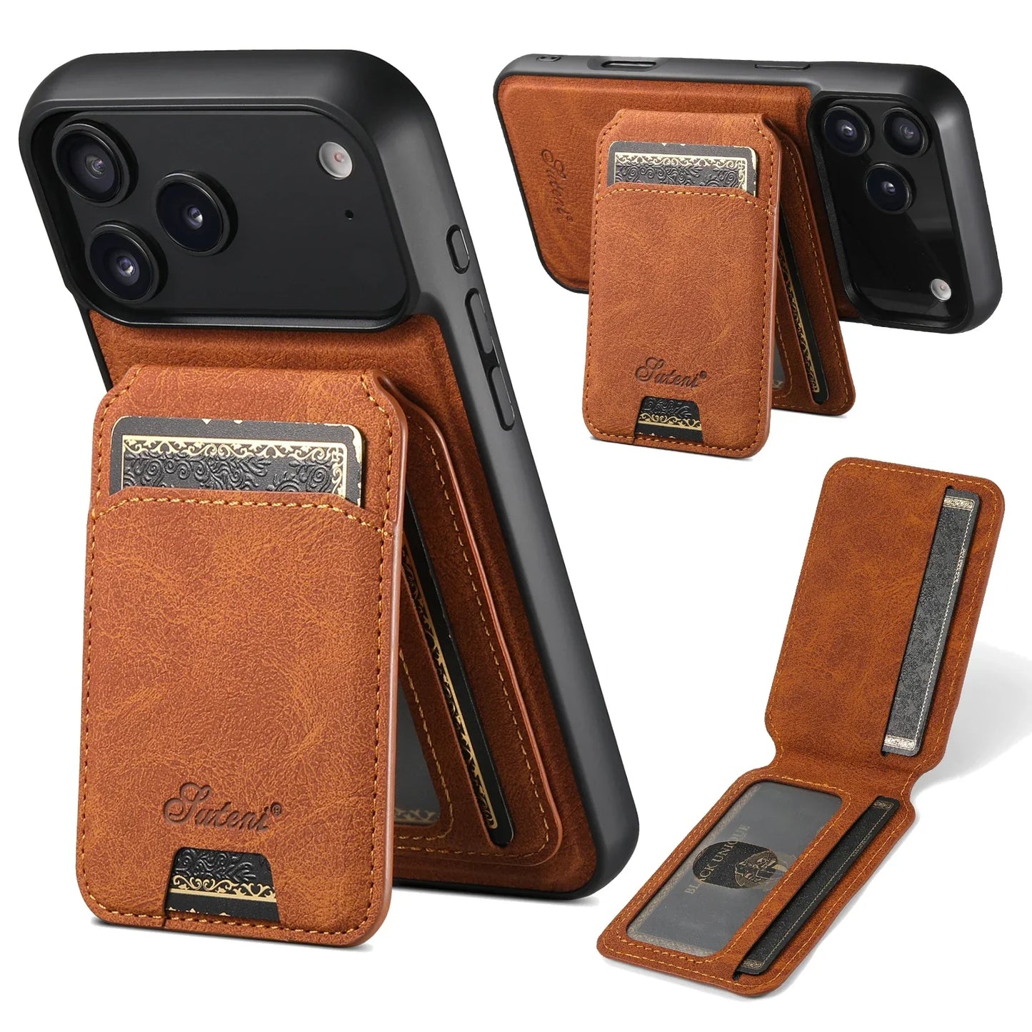 Wireless Charging Phone Case Magnet Card Holder Stand Faux Leather For iPhone 17 Pro Max 16 Plus 15 14 13 12