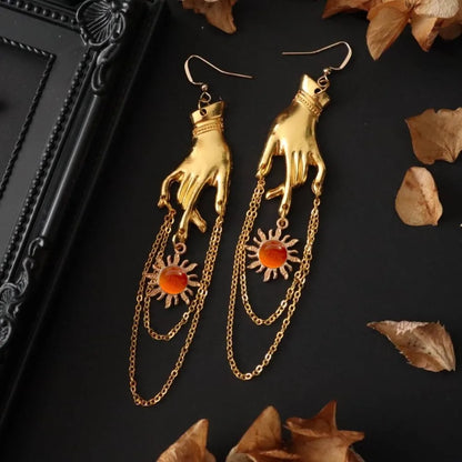 Hip Hop Gold Color Hands Sun Micro-inlay Gemstone Metal Chain Tassels Dangle Earrings for Women Halloween Party Jewelry