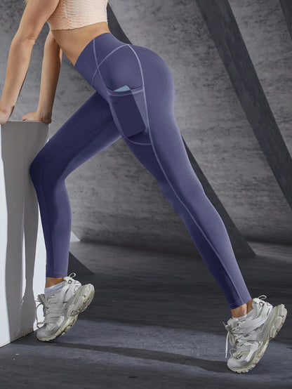 New High Waist Women's Leggings Stretch Yoga Pants Tights With Pockets Push Up Fitness Running Sportswear Solid Color Pants