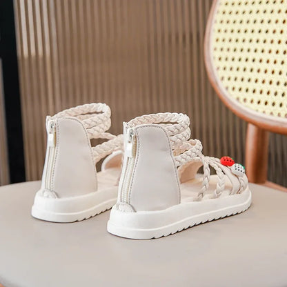 Kids Girls GLADIATOR Sandals Open Toe Knitted Strawberry Summer Non Slip Flat Fashion Children Casual Shoes Roman Shoes Simple