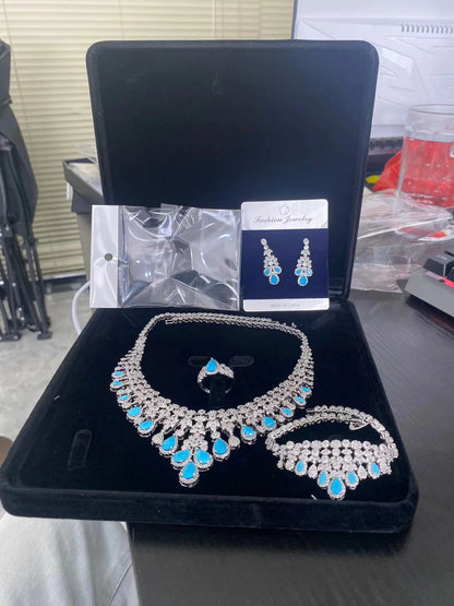 2026 Zircon Super Deluxe Tassel Water Drop Big Wedding Bridal Necklace Earrings 4 Pieces Nigerian Dubai Women's Jewelry Set