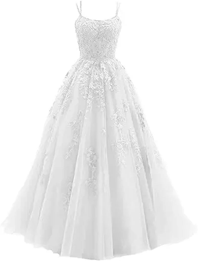 Tulle Spaghetti Straps Prom Dresses Long Lace Appliques Ball Gowns for Women
