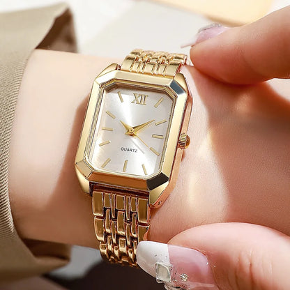 Luxury Women's Quartz Watch Set Fashion Alloy Band Business Ladies Watches Square Quality Gold Plated Folding Female Clock