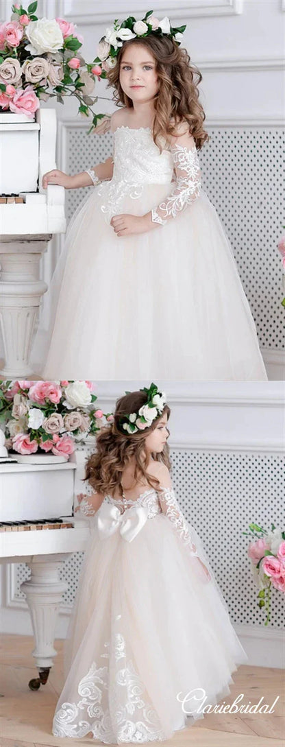 Communion Girl Dress Lace Appqulies Bodice Floor-length Skirt Puffy Dress with Long Train Formal Party Toddler Clothe