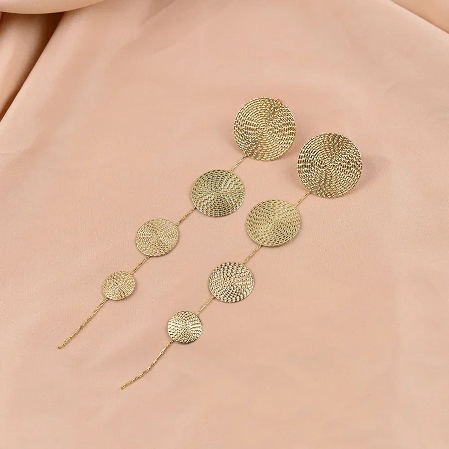 Temperament Fashion Metal Hammering Pattern Geometric Circular Long Tassel Creative Spliced Stud Earrings for Women Jewelry Gift