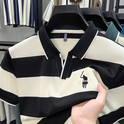 High End Embroidered Polo Shirt for Men, 2026 New Summer Striped Men's Short Sleeved T-shirt, Pure Cotton Lapel Half Sleeved Top