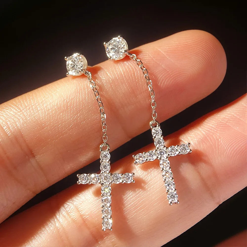 Cross Shape Full Moissanite Drop Earrings for Women Men 925 Sterling Silver Long Diamond Earring with Certificate Fine Jewelry