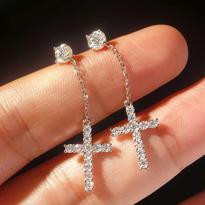 Cross Shape Full Moissanite Drop Earrings for Women Men 925 Sterling Silver Long Diamond Earring with Certificate Fine Jewelry