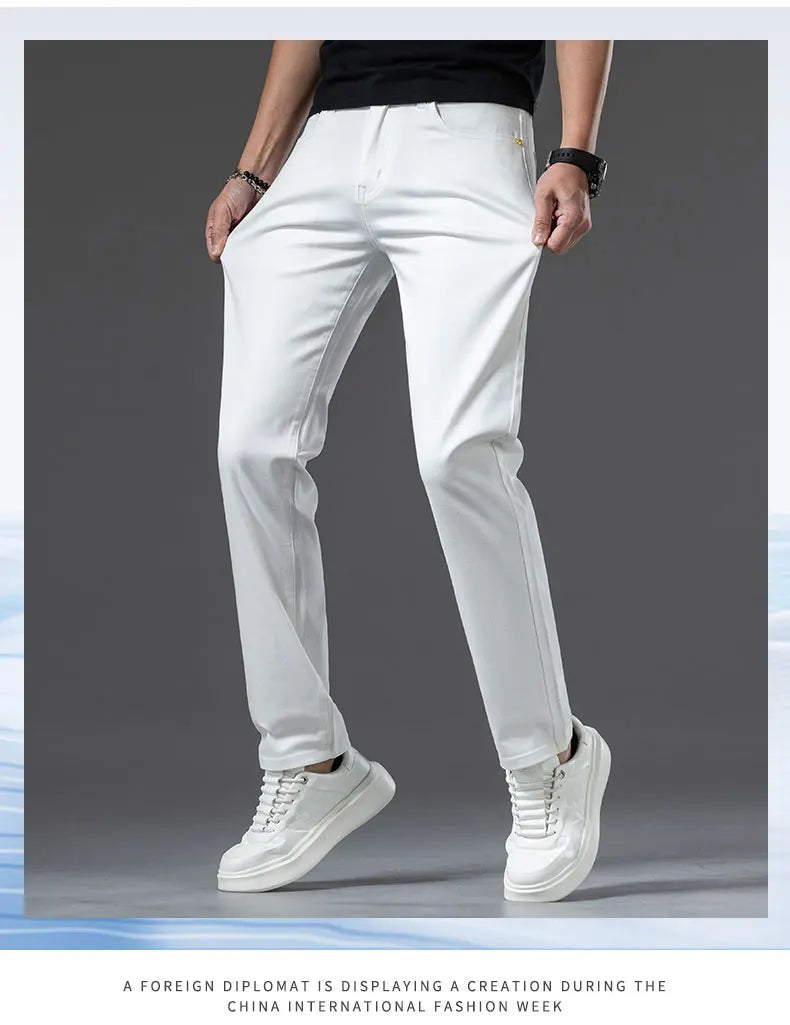 2024 New Men's Khaki White Cotton Stretch Slim Smart Jeans Casual Straight Business Fashion Beige Brand Denim Trousers