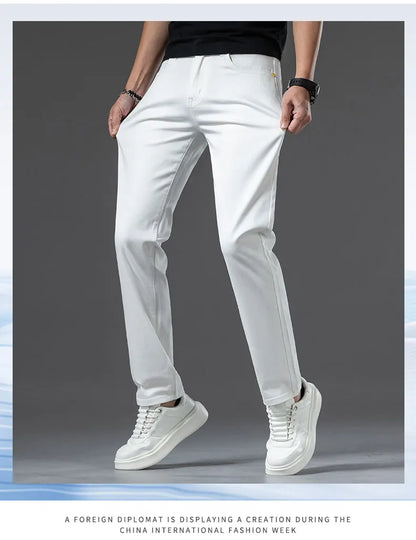2024 New Men's Khaki White Cotton Stretch Slim Smart Jeans Casual Straight Business Fashion Beige Brand Denim Trousers
