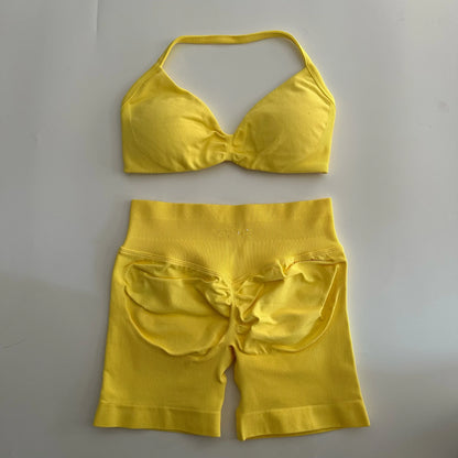 Yoga Gym Set Women Seamless Strappy Yoga Bra Top High Waist Workout Scrunch Shorts Sports Set Fitness Clothes Sportswear