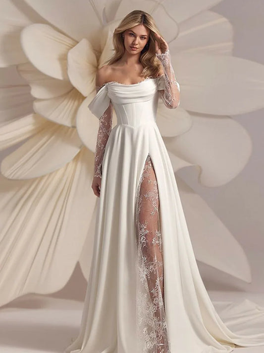 Lace Long Sleeve Wedding Dresses Off Shoulder A-Line Bridal Gowns Backless Princess Appliques Bride Gown Customized