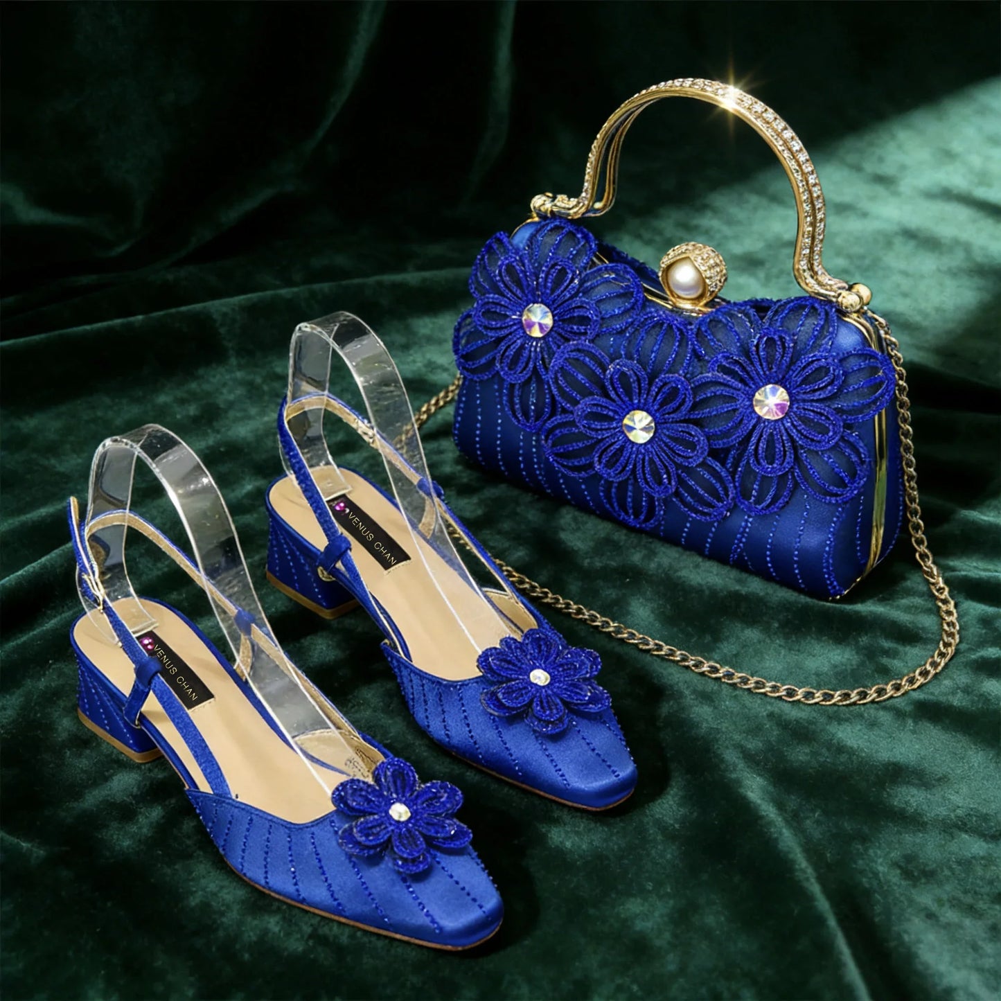 Party Shoes And Bag Ladies Heel Decoration Pure Elegant Flower Wedding Shoes And Bag Full rhinestone Fashion Handbag