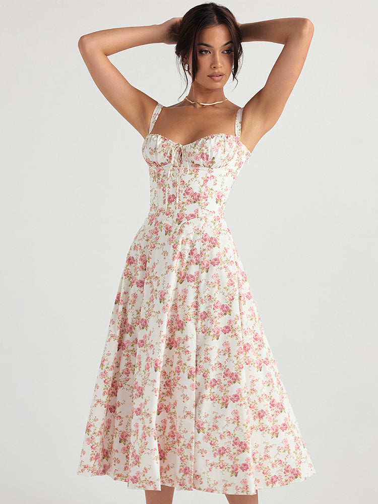 Women's Summer Floral Print Dresses Sweet Elegant Midi Holiday Dress Casual Slit Blue Lace Up Dresses 2023