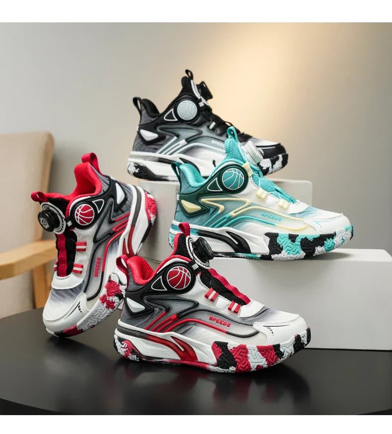 Children's basketball shoes boys' waterproof leather surface rotating buckle anti-slip and shock-absorbing student sports shoes