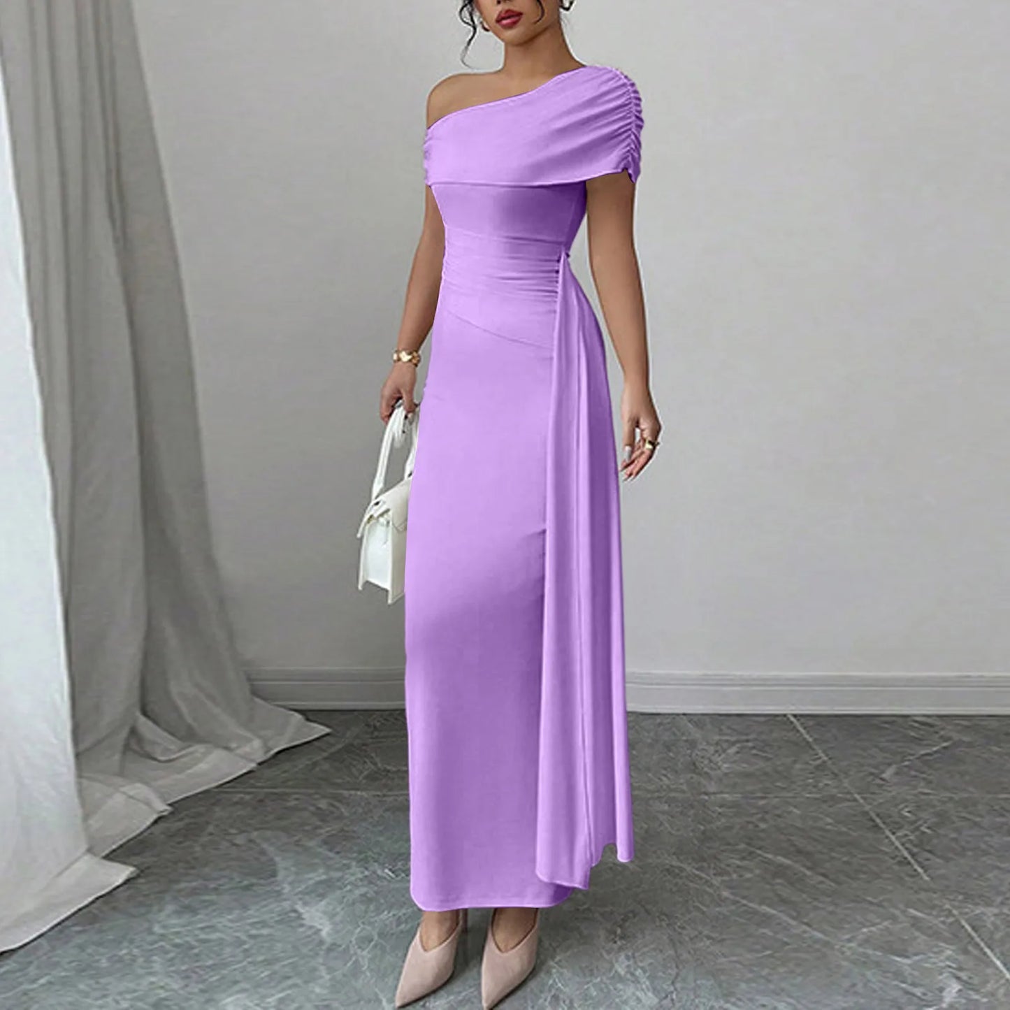 Vestidos Longos de Festa Sensuais para Mulheres, Vestido de Cor Sólida sem Mangas com Decote Diagonal, Vestido Maxi Plissado Justo, Vestido Bodycon Moderno