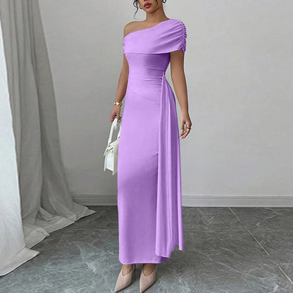 Vestidos Longos de Festa Sensuais para Mulheres, Vestido de Cor Sólida sem Mangas com Decote Diagonal, Vestido Maxi Plissado Justo, Vestido Bodycon Moderno