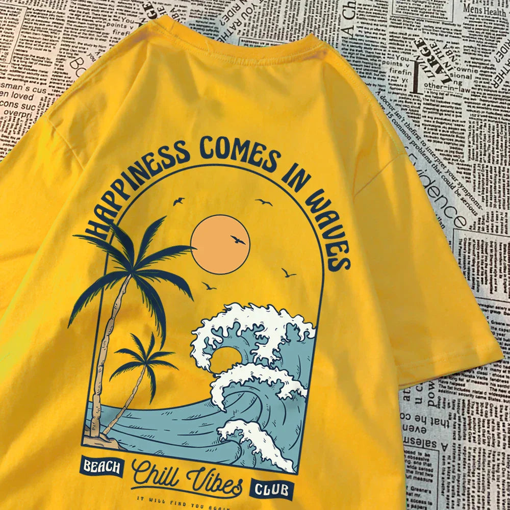 Happiness Comes In Waves Printing Men Women Clothes Fashion Loose Tops Creativity Casual T Shirt Pattern Loose Tshirts Couple