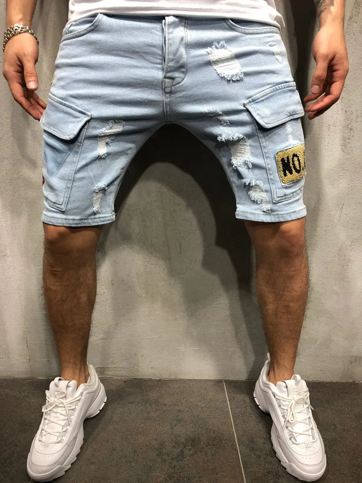 2026 Men's Summer Short Jeans High Stretch Fashion Casual Denim Shorts Male Slim Fit Elastic Badge Pockets Hole Shorts for Men