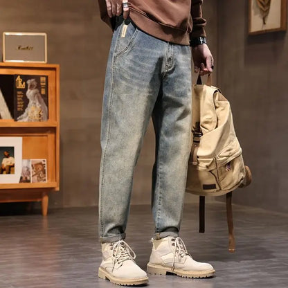 Retro American Style Men's Jeans Loose Fit Heavy Casual Slim Leg Cotton Pants Elastic Waist Korean Denim Jeans for Spring Autumn