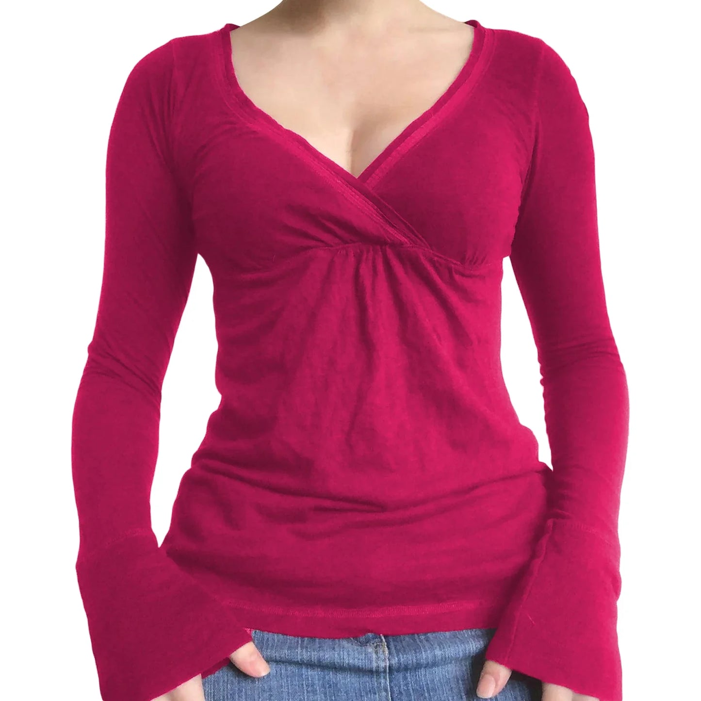 Women y2k Long Sleeve Bodycon T-Shirts Sexy V Neck Low-cut Solid Color Soft Slim Fit Tops Spring Fall Casual Going Out Tee Top
