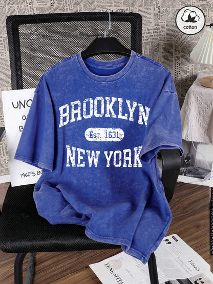 Brooklyn Est 1631 New York Prints Washed T-Shirt Mens Cotton Oversized T Shirts Casual Distressed O-Neck Tops Summer Male Tees