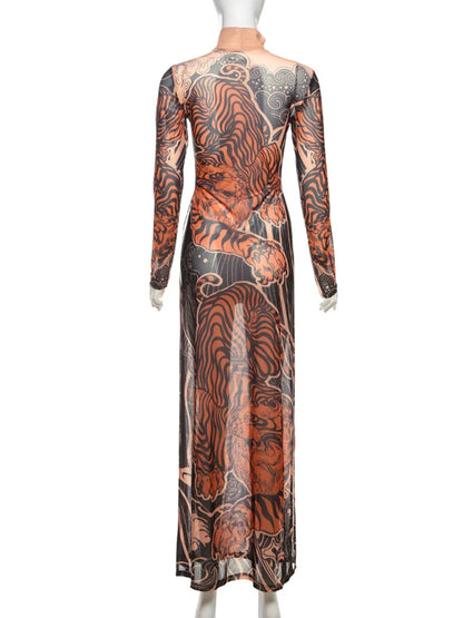 See Through T-Shirts Women Tiger Print Long Sleeve High Neck High Slits High Elastic Skinny Trend Street Hipster Tops