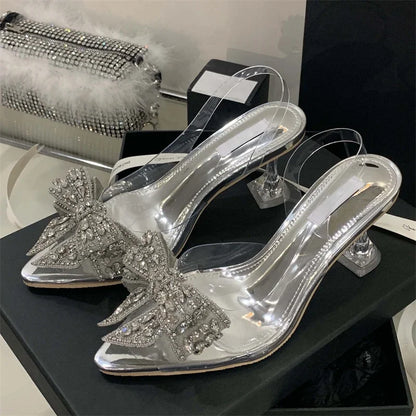 Summer Fashion Women Pumps Sandals Sexy Slingback High Heels Rhinestones Elegant Pointed Toe Transparent PVC Party Shoes