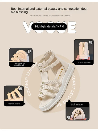 Girls Roman Sandals Open Toe Braided Solid Color High-top Simple Rivets New Summer Hollow Flat Casual Shoes Kids Fashion Casual