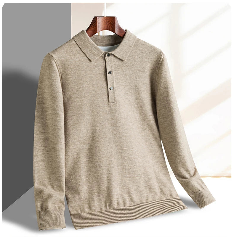 Fashion luxury knitted long sleeve polo shirt men's autumn new trend simple solid color soft skin friendly comfort lapel sweater