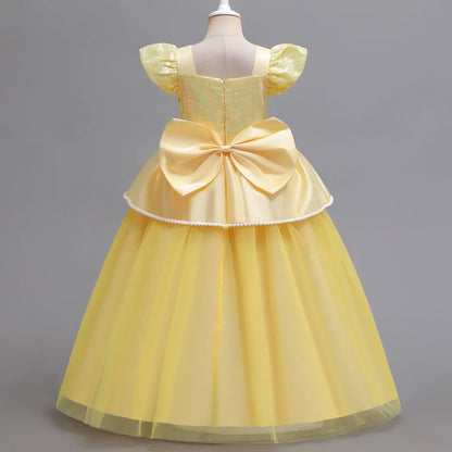 Disney Aniversário Festa Bela Fantasia Infantil Amarelo Malha Vestido de Baile Criança Cosplay Vestido de Festa Luxo para Menina Princesa Bela Noite