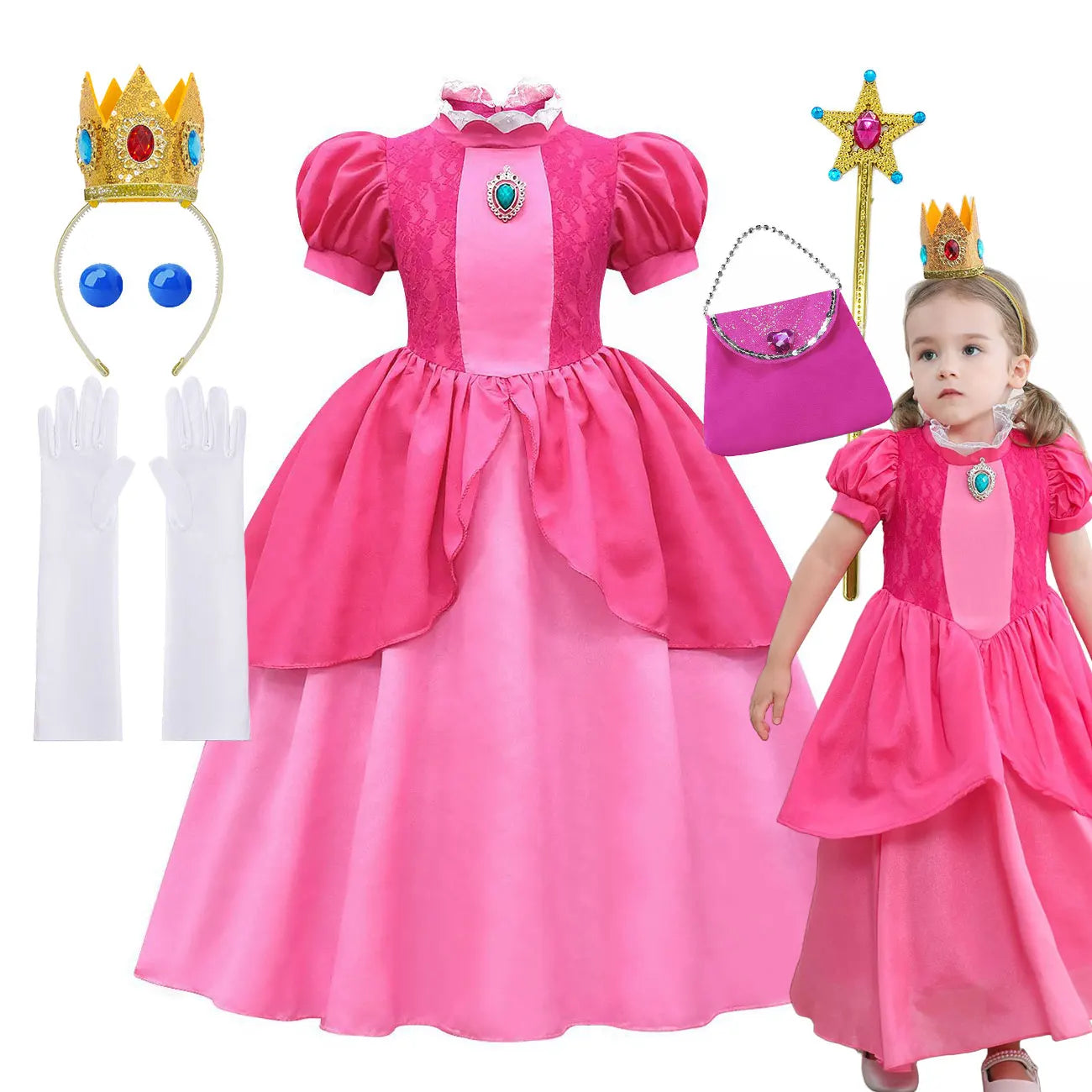 2025 Odyssey Plumber Bros Video Game Role Playing Girl Peach Princess Dress Movie Luigi with Peach Adventure Cosplay Party Dress