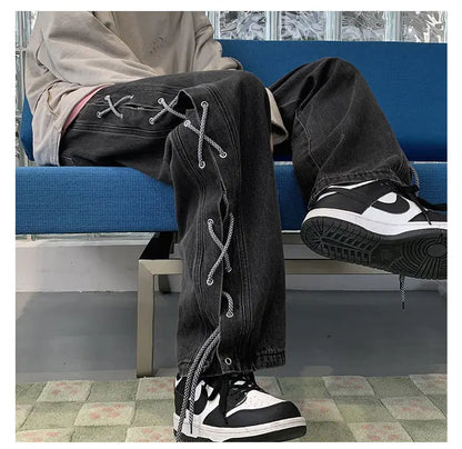Streetwear Y2k Jeans Pants Lace Up Baggy Black Jeans Man Pants Designer Clothes Side Split 2023 Korean Fashion New
