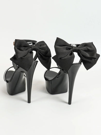 15CM Stiletto Runway Model Shoes 2024 New Summer Party Dress High Heels 5CM Platform Black Pole Dance Shoes Ladies Bow Sandals