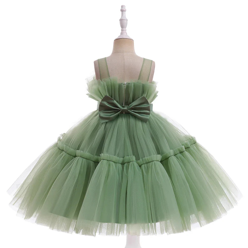 Summer Ruffles Bridesmaids Party Girls Dress Elegant Bow Wedding Birthday Princess Dresses Girl Tulle Pageant Evening Costumes