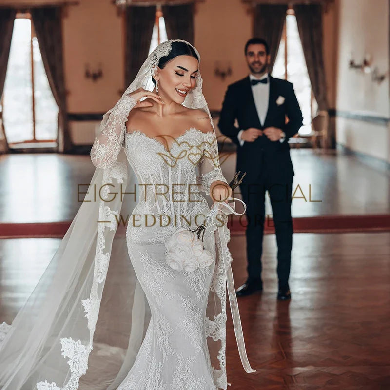 2025 Mermaid Wedding Dresses Boho Sweetheart Long Sleeves Bridal Dress Without Veil Wedding Ball Prom Gowns Customized