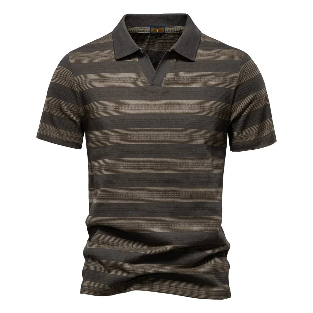 2025 New Summer Striped V Neck Cotton Polo Shirts for Men Breathable Short Sleeve Casual Knit Shirts Comfort Fit