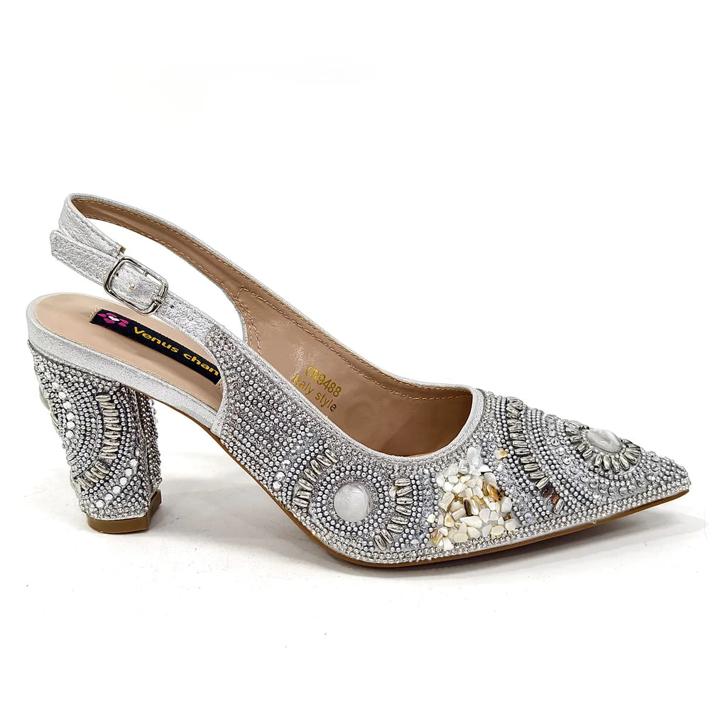 2025 Moda Mais Recente Chegada Laranja Ponta Fina Sandálias Femininas Sapatos com Bolsa Conjunto para Senhoras Festa de Casamento Salto