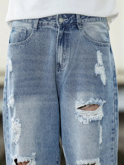 Men's Blue Ripped Denim Harem Pants for Spring and Autumn. Street Fashion. Casual Trend 。