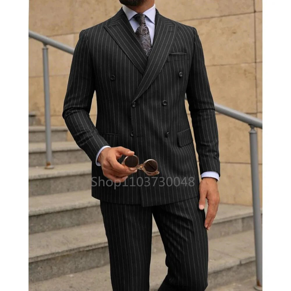 2 Piece Brown Striped Men Suits Slim Fit Peak Lapel Double Breasted Blazer Wedding Groom Tuxedos Business Suits(Jacket+Pants)