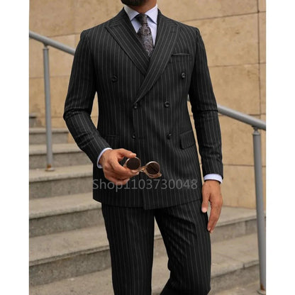 2 Piece Brown Striped Men Suits Slim Fit Peak Lapel Double Breasted Blazer Wedding Groom Tuxedos Business Suits(Jacket+Pants)