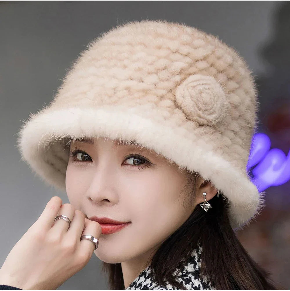 Woman Hat Winter Solid Mink Caps With Flower Natural Mink Fur Hats New Russian Girl Soft Knitting Real Fur Bucket Hats 2026 Warm