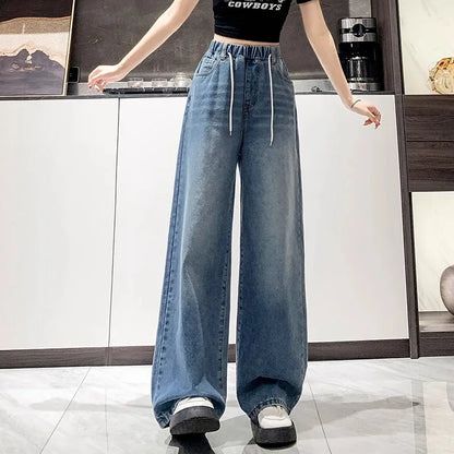 Calça Jeans Feminina Plus Size Folgada Cintura Alta Perna Larga Azul Claro Elástico na Cintura Cordão Calças Outono Moda Plus Size