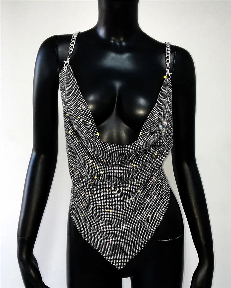 Shiny Rhinestone V Neck Tank Top 2025 Sexy Backless Metal Chain Spaghetti Straps Sling Camisole Women Nightclub Party Crop Top