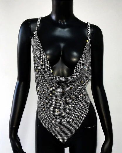 Shiny Rhinestone V Neck Tank Top 2025 Sexy Backless Metal Chain Spaghetti Straps Sling Camisole Women Nightclub Party Crop Top