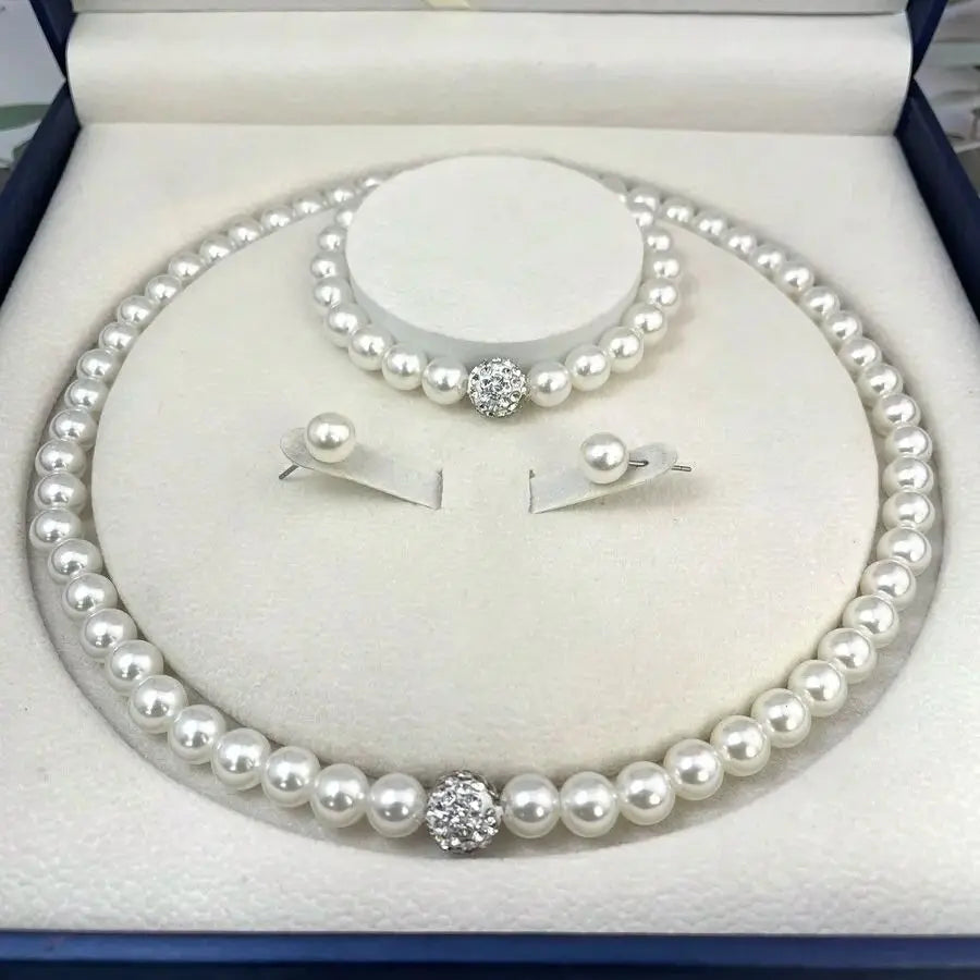 3 PCS set Imitation Pearl Fireball Necklace Bracelet Earring Stud Jewelry Set Silver Color Crystal Stone Elegant Bridal Jewelry