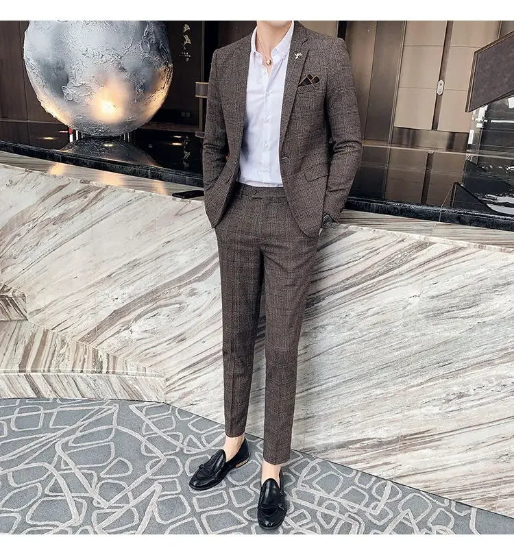 Hemp Suit (Blazer + Pants) Men's Fashion Hosts British Style Work Business Wedding Casual Art Style Elegant Gentleman Suit M-5XL